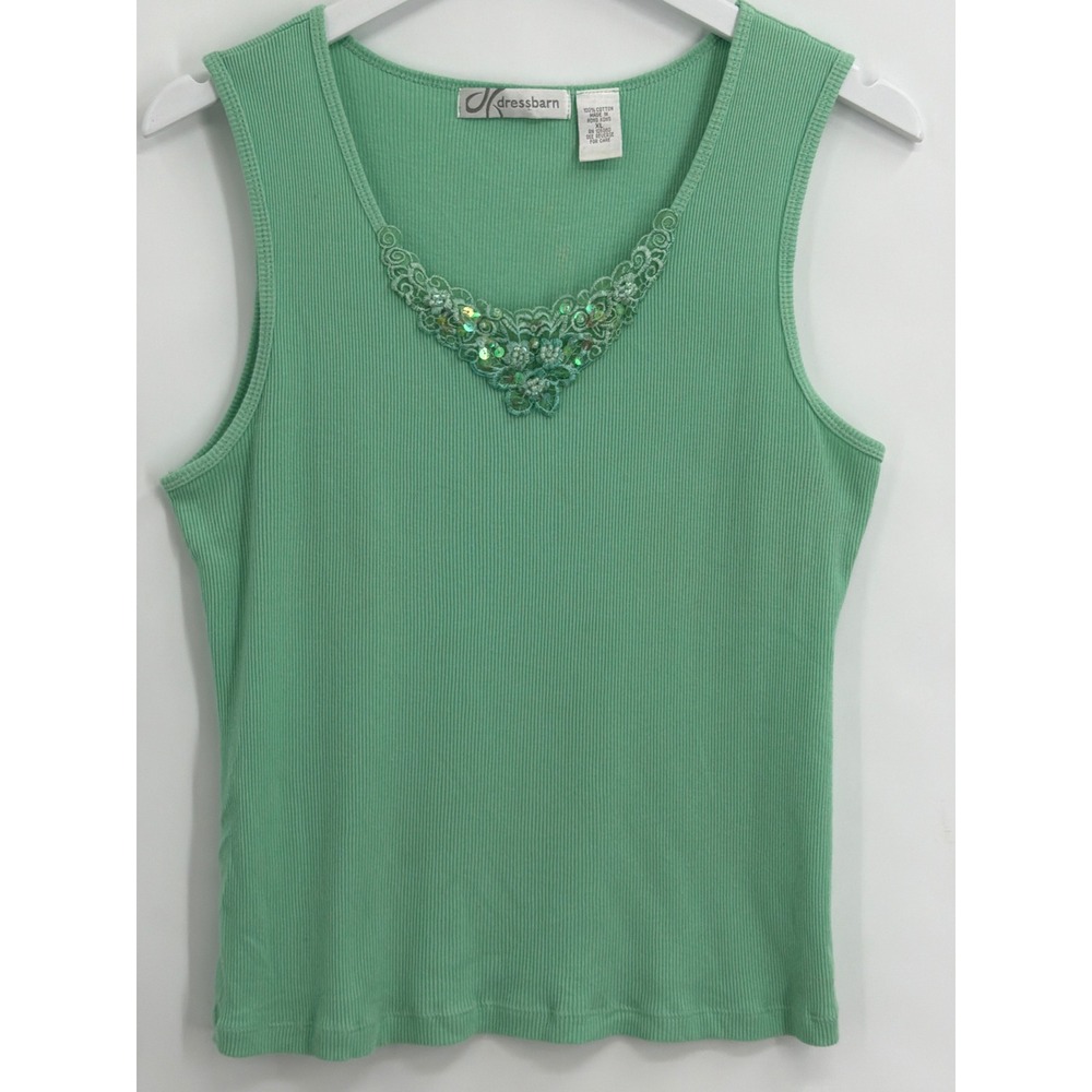 Vintage Y2K Dressbarn Mint Green Ribbed Cotton Tank Top Sequin Lace V-Neck XL